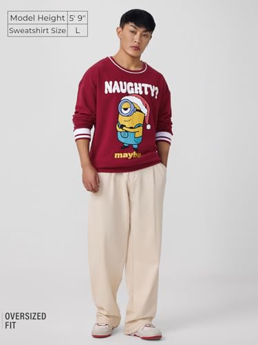 The Souled Store Minions: Naughty Men and Boys Long Sleeves Round Neck Red Graphic Printed Cotton Blend Oversized Sweatshirts
