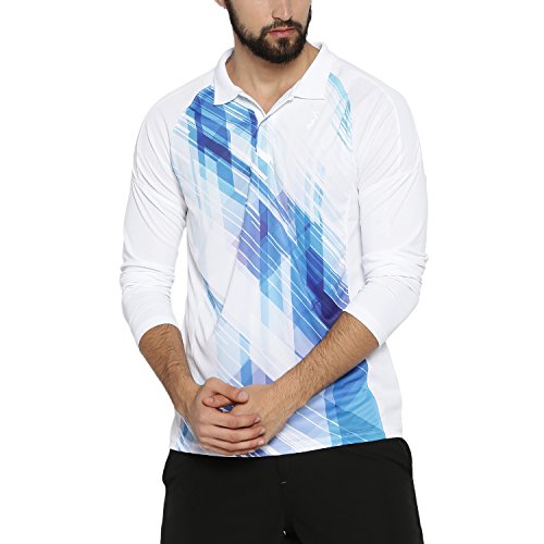 Campus Sutra MenS White & Blue Contrast Print Activewear T-Shirt For Casual Wear | Spread Collar | Long Sleeve | Pull On Closur