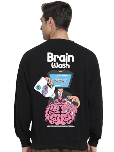 Bewakoof Mens Graphic Printed Oversized Fit Full Sleeve Round Neck Fleece Sweatshirt_629678_Black_L
