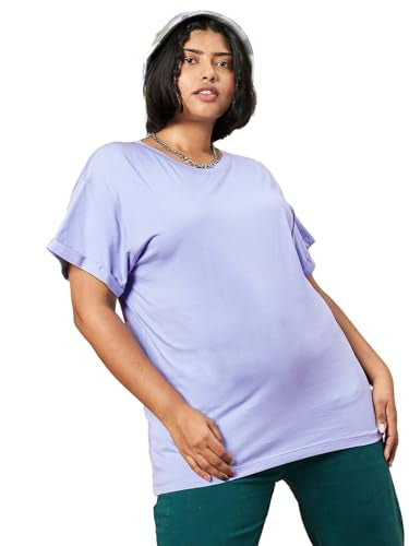 Bewakoof Womens Solid Boyfriend Fit Half Sleeve Round Neck Cotton Plus Size T-Shirt 617301 Purple 5XL
