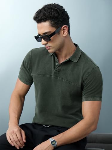 The Souled Store Vintage Wash: Olive Men and Boys Short Sleeves Polo Collar Solid Cotton Regular Fit T-Shirts