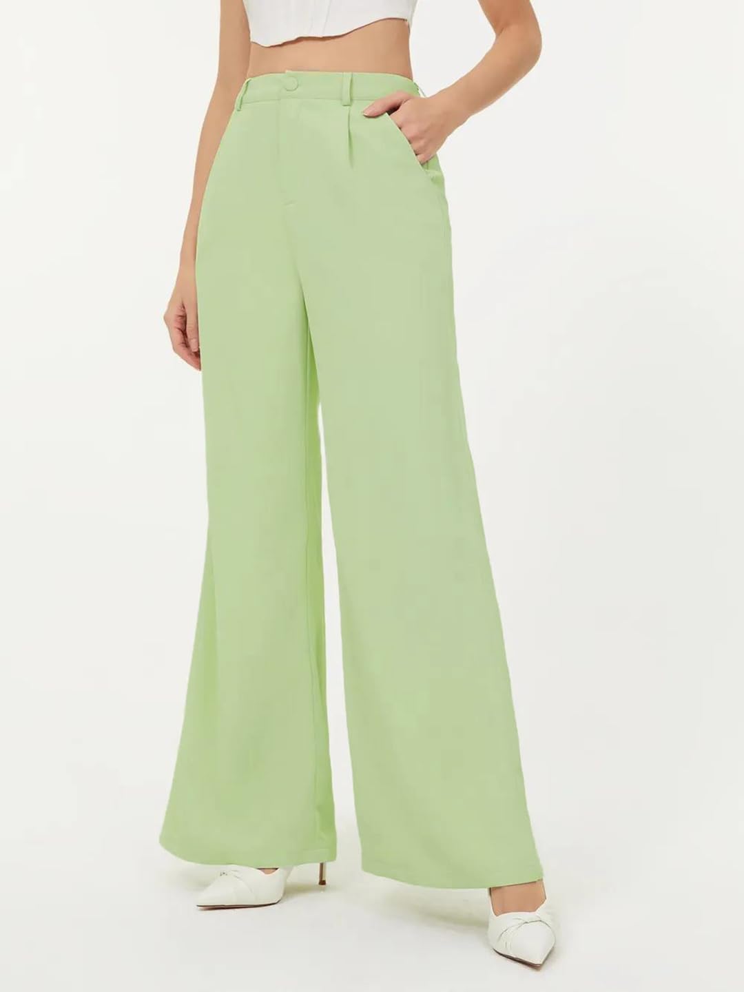 Kotty Womens High Rise Regular Fit Viscose Rayon Solid Trousers Light Green