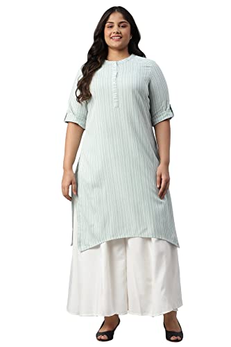 Aurelia Women Green Dobby Stripes Yarn Dyed Straight Kurta_22Aua13370P-702448_4Xl