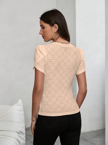 Sugathari Girls & Womens Beige Eyelet Embroidery Knitted V Neck Casual Slim Fit Women T-Shirt, Short Sleeve Schiffli Crop Top,