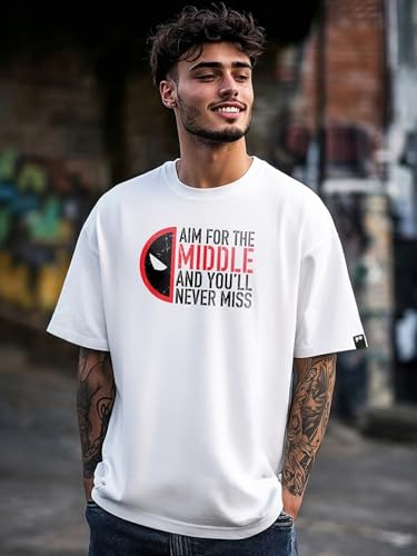 Bewakoof Official Marvel Merchandise Deadpool Mens Graphic Print Oversized Fit Half Sleeve Round Neck Cotton Jersey T-Shirt_644