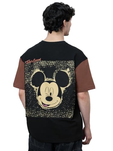 The Souled Store Disney: Mickey Mouse Legend Men and Boys Short Sleeves Round Neck Black Graphic Printed Cotton Oversized T-Shir