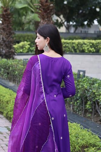 GoSriKi Womens Cotton Blend Anarkali Embroidered Kurta with Pant & Dupatta (GSK-Purple-GS_3XL_Purple_XXX-Large)