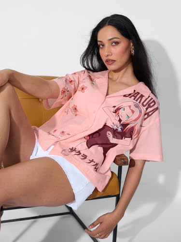 The Souled Store Naruto: Sakura Women and Girls Short Sleeves Collared Neck Button Front Pink Graphic Printed Oversized Fit Cott