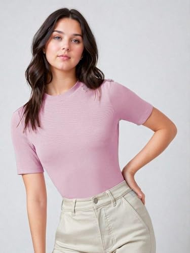 KOTTY Womens Slim Fit Half Sleeve Ribbed T-Shirt(Pink_XL)
