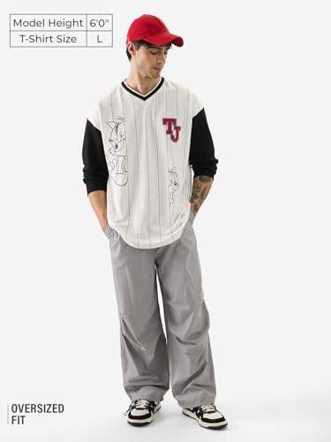 The Souled Store Official Tom & Jerry: Stripped Men And Boys V Neck Multicolor Cotton Oversized Full Sleeve T-Shirts