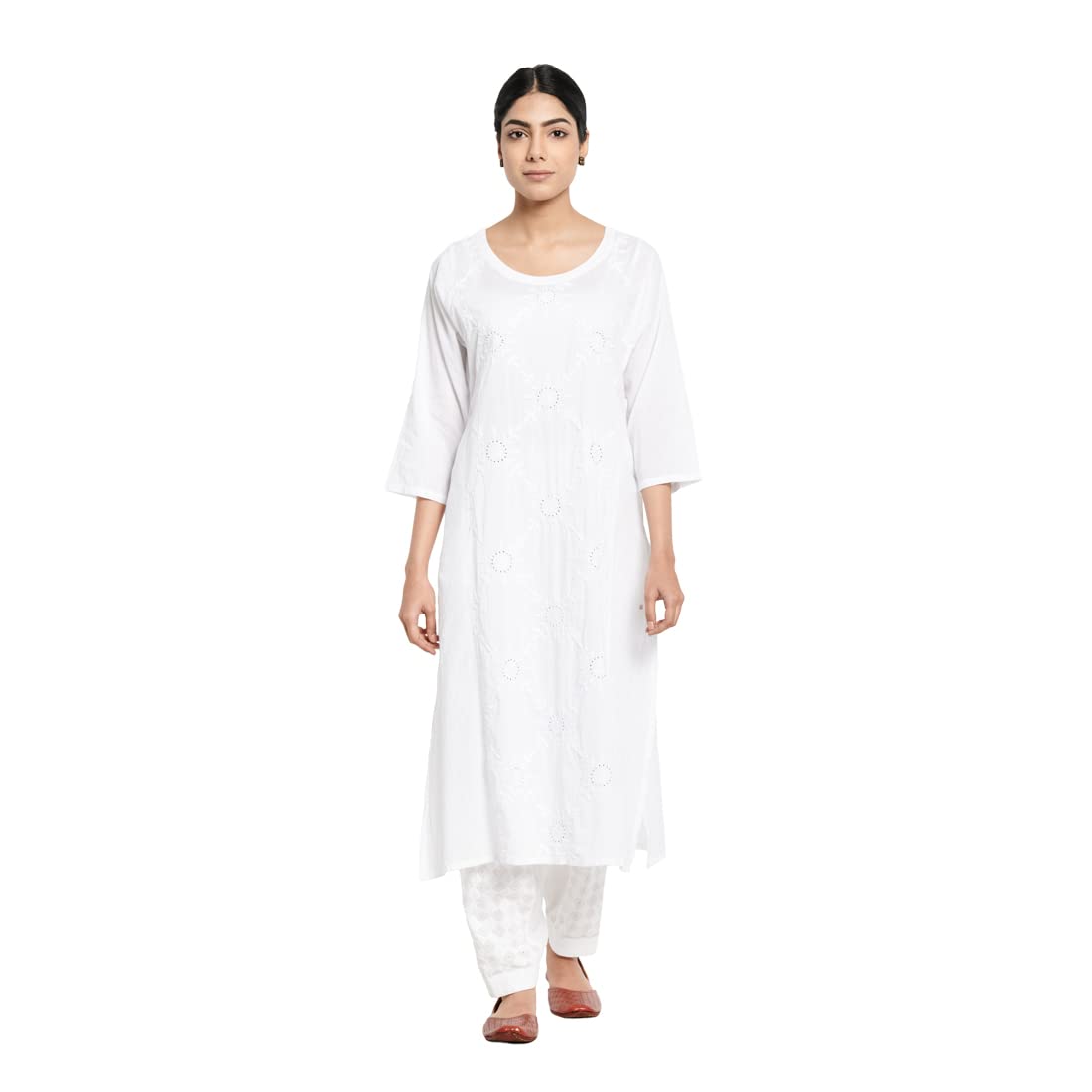 Fabindia Women Embroidered Slim Fit Long Kurta Cotton_White