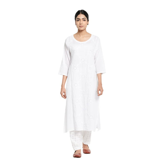Fabindia Women Embroidered Slim Fit Long Kurta Cotton_White