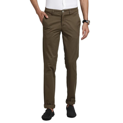 Turtle Men Cotton Stretch Olive Solid Ultra Slim Fit Casual Trouserss