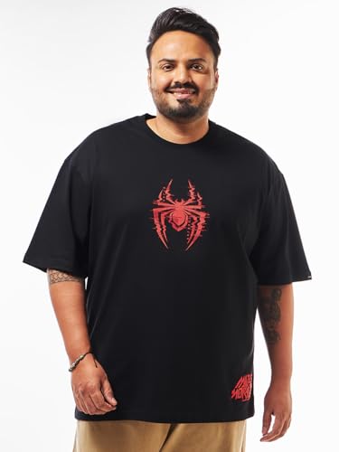 Bewakoof Official Marvel Merchandise Mens Graphic Print Regular Fit Half Sleeve Round Neck Cotton Plus Size T-Shirt_599554_Blac