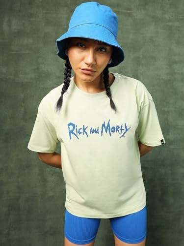 Bewakoof X Official Rick and Morty Merchandise Womens Stoned Rick & Morty Graphic Printed 100% Cotton T-Shirt - Oversized Fit,
