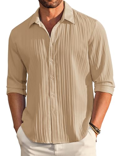 Deelmo MenS Casual Button Down Shirts Long Sleeve Linen Shirt Fashion Textured Beach Summer Shirt
