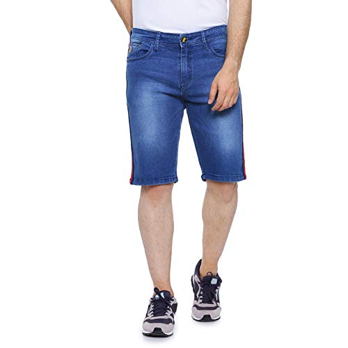 Campus Sutra Mens Blue Denim Shorts Solid Regular Fit for Casual Wear, Cotton Blend Fabric, Stretchable, Buttoned, Mid-Rise Sho