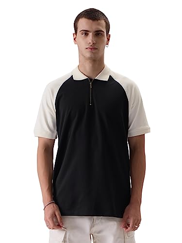The Souled Store Solids: Black & White Colourblock Mens and Boys Regular fit Solid Half Sleeve Cotton Blend Multicolored Mens Po