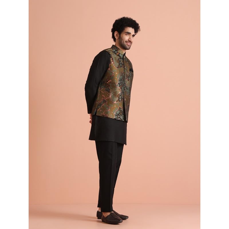 Kisah Mens Nehru Jacket|Silk Blend Fabric Semi-Casual Waistcoat Jacquard Pattern Mens Ethnic Wear|Regular Fit Mandarin Collar Sl