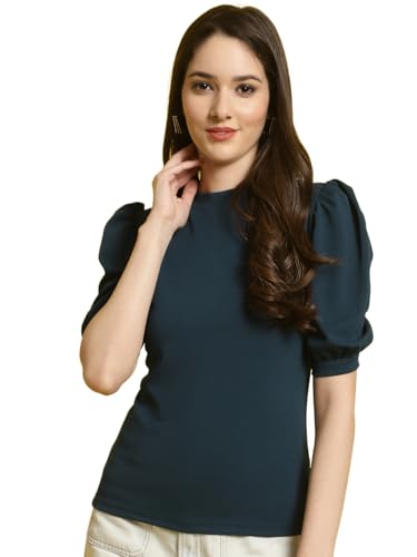 Tee Projekt Womens Casual Trendy Top with Stylish Short Puff Sleeves ll Casual Round Neck Tee with Classic Pattern Top