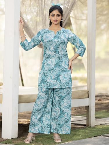 Pinkmint Womens Pure Cotton Co Ord Set l Flower Printed Co Ord Set l Stylish Pocket & 3/4 Sleeve Women Co-ord Set Sky Blue