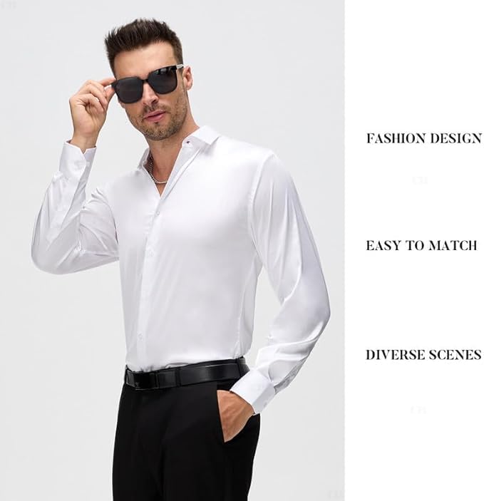 Cb-Colebrook Mens Stylish Solid Silk Satin Casual Dress Shirts For Men Shiny Long Sleeve Button Down Shirt Party Prom Wedding Sh