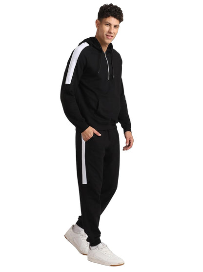 Nobero MenS Black Hooded Zipper Co-Ord Set With Joggers