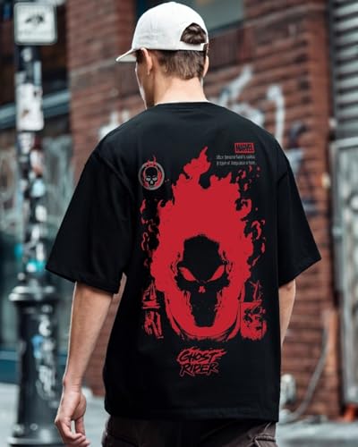 Bewakoof X Official Marvel Merchandise MenS Ghost Rider Spirit Of Vengeance Graphic Printed 100% Cotton T-Shirt - Oversized Fit