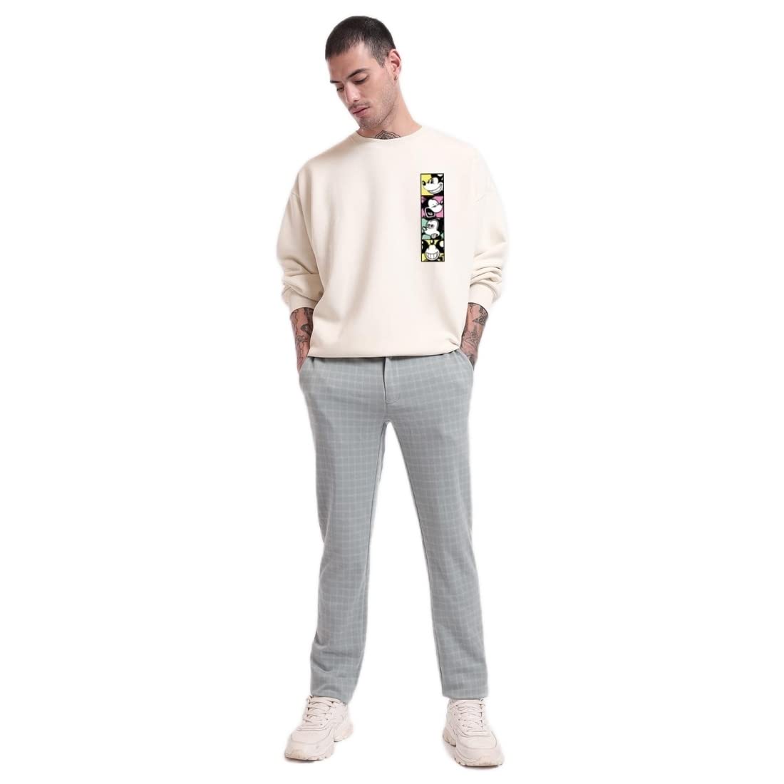 Bewakoof Official Disney Merchandise Mens Graphic Print Oversized Fit Full Sleeve Round Neck Fleece Sweatshirt Pink