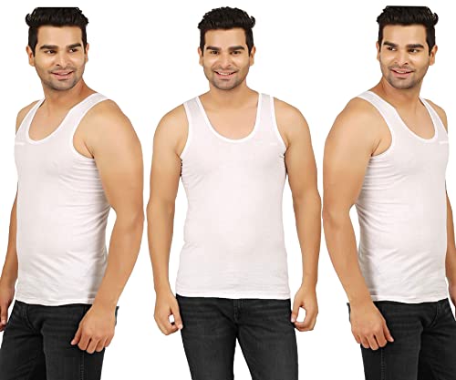 PRAKASAM COTTON Mens Combed Cotton Round Neck Sleeveless White Vest with Extended Length for Easy Tuck (Platinum) Pack of 3