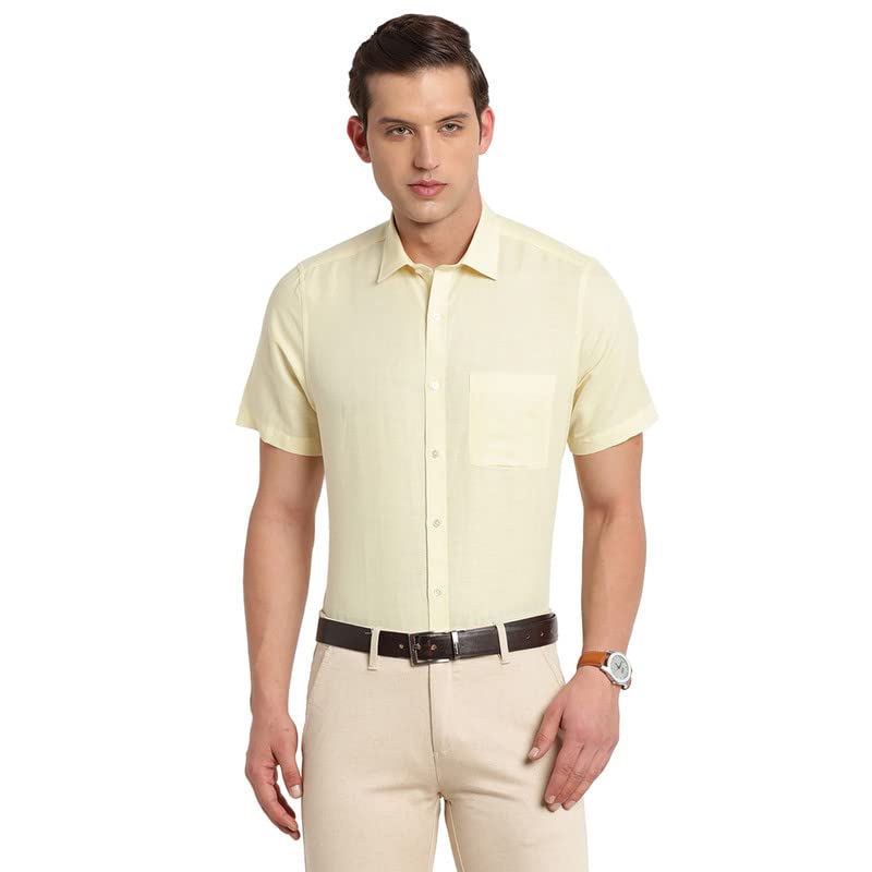 Turtle Men Cotton Linen Lemon Plain Regular Fit Half Sleeve Formal Shirt