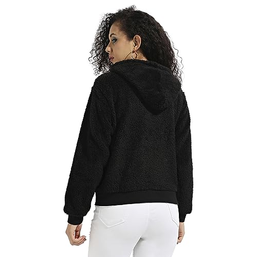 Campus Sutra Womens Black Fleece Hoodie with Zip-Closure for Casual Wear | Hooded Neck | Long Sleeve | Zipper Closure | Cotton