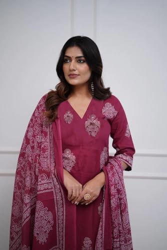 ANNI DESIGNER Women's Pure Cotton Hand Block Print Kurti Pant Dupatta Set for Women | Ethnic Suit Set |Printed Suit Set| Stylish Kurta Set|Soft Cotton Dress Set|3 Piece Kurta Set for Ladies