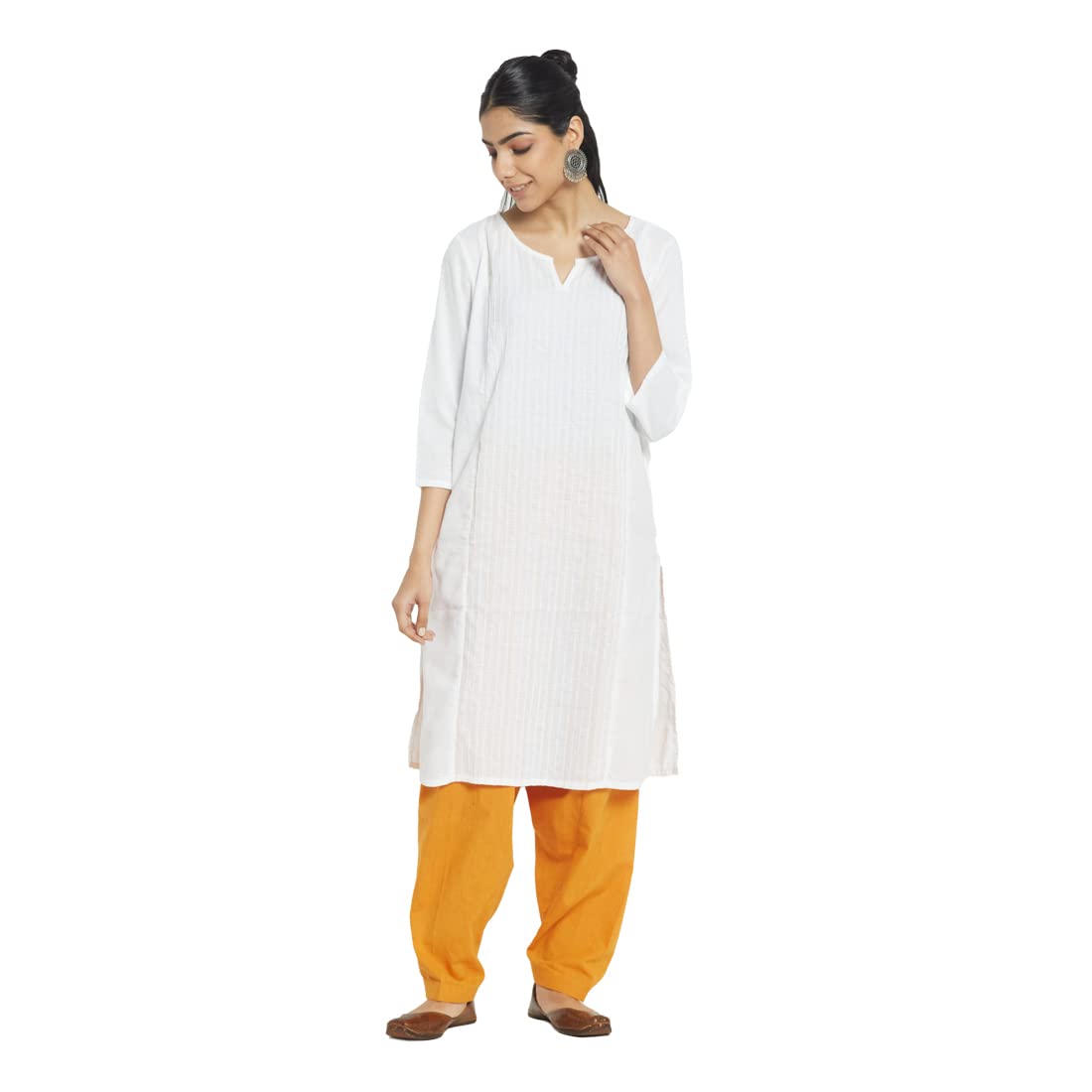 Fabindia Women Cotton Embroidered Knee Length Kurta White_L