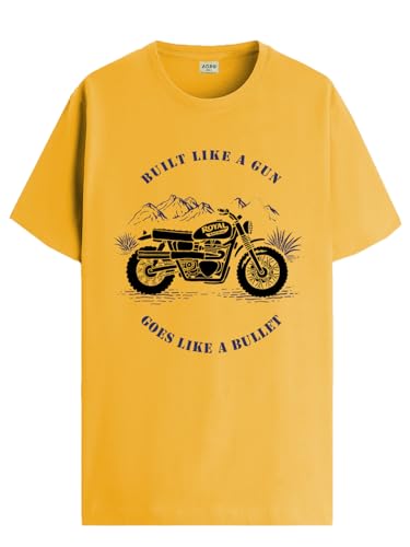ADRO Men's Royal Bike Design Printed 100% Cotton T-Shirt - Regular Fit, Printed T-Shirts for Men (RN24-RYL-MU_Mustard_XL)