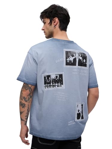 The Souled Store Umbrella Academy: The Hargreeves Men and Boys Short Sleeves Round Neck Blue Graphic Printed Cotton Oversized T-