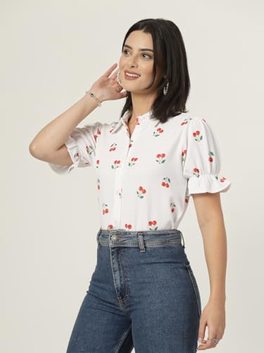 Style Quotient Women Texture White and Red Cherry Print Polyknit Shirt