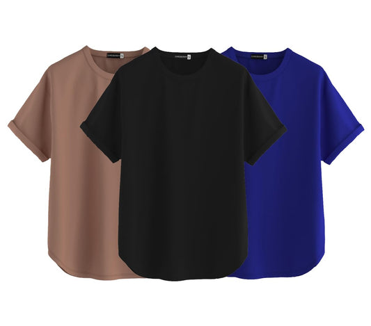 Juneberry Pure 100% Cotton Oversized Loose Baggy Fit Round Neck With Drop Shoulder Black & Cork & Royal Blue Half Sleeves Boyfri