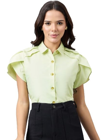 Style Quotient Women Solid Pista Polycotton Regular Fit Formal Tulip Sleeve Shirt