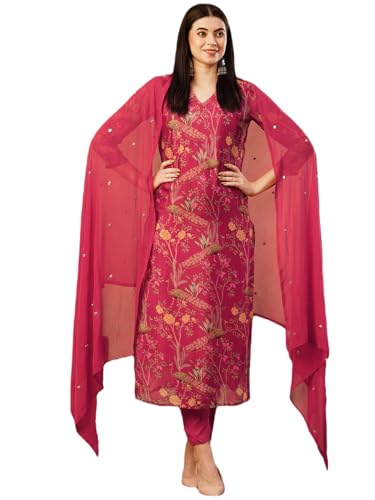 GoSriKi Womens Cotton Blend Straight Printed Kurta with Pant & Dupatta (SHOKO RED-NW-GS_XXL_Red_XX-Large)