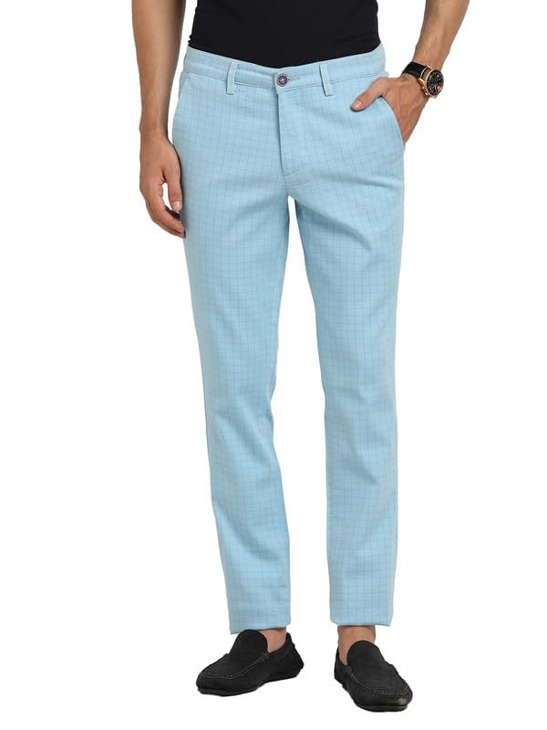 Turtle Men Cotton Stretch Sky Blue Self Design Narrow Fit Casual Trouser