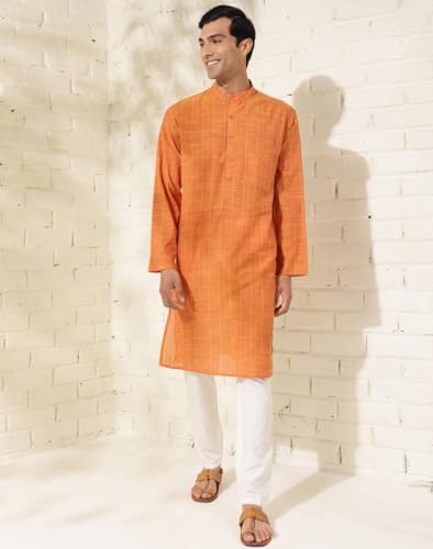 Fabindia MenS Cotton Printed Slim Fit Kurta (1035957Mustard_Mustard