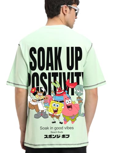 Bewakoof Official Spongebob Merchandise Mens Graphic Print Oversized Fit Half Sleeve Round Neck Cotton Jersey T-Shirt_648704_Gr