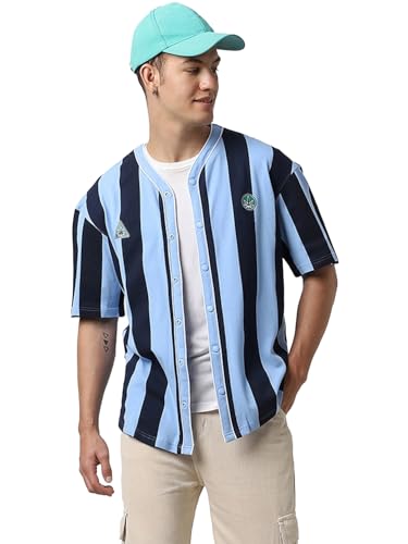 Bewakoof Mens Striped Oversized Fit Half Sleeve Round Neck Cotton Shirt_597301_Blue_XL