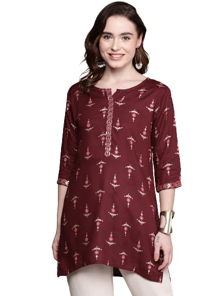 anubhutee Women's Rayon Maroon Sequinned Ethnic Motifs Printed Straight Kurti