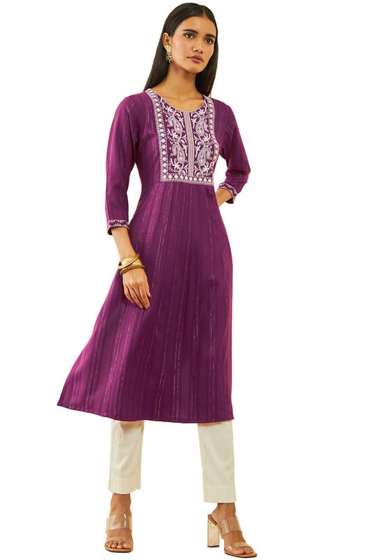 Soch Womens Wine Rayon Paisley and Floral Embroidered Yoke Round-Neck Straight Kurta