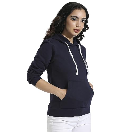 Campus Sutra Womens Navy Blue Pullover Hoodie with Kangaroo Pockets for Casual Wear | Hood Neck | Long Sleeve | Drawstring Clos