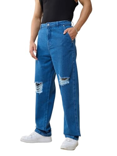 Bewakoof Mens Solid Regular Fit Cotton Distressed Jeans_624672_Blue_28