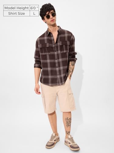 The Souled Store Brown Men And Boys Long Sleeve Collared Neck Regular Fit Cotton Button Down Utility Shirt