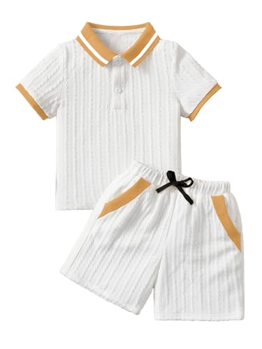 AVANOVA Boys 2-Piece Outfit Set  White Knitted Polo Collar Short Sleeve T-Shirt with Matching Shorts | Casual Summer Clothing fo
